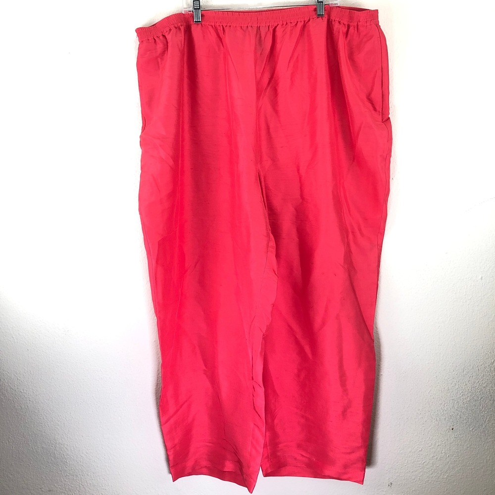100% Raw Silk Elastic Waist Trousers Watermelon Pink High Rise Wide Leg Pants
